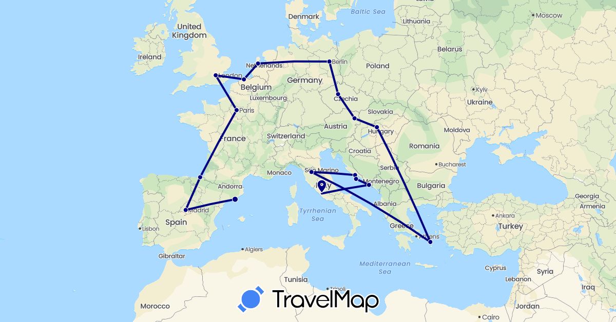 TravelMap itinerary: driving in Austria, Belgium, Czech Republic, Germany, Spain, France, United Kingdom, Greece, Croatia, Hungary, Italy, Netherlands (Europe)